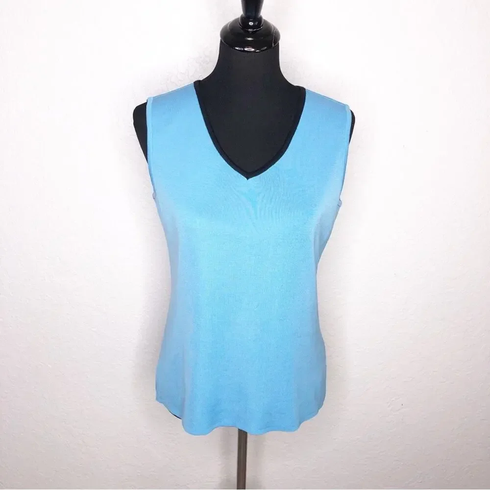 Ming Wang blue black trim v neck sleeveless knit shell top size Small